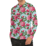 Pink Peony Pattern Print Men's Long Sleeve Rash Guard