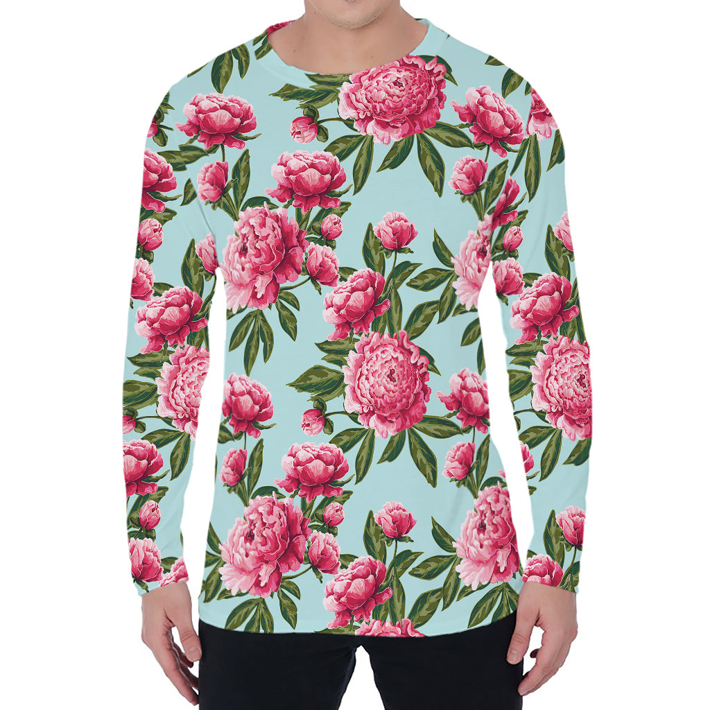 Pink Peony Pattern Print Men's Long Sleeve T-Shirt