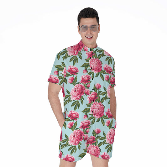 Pink Peony Pattern Print Men's Rompers