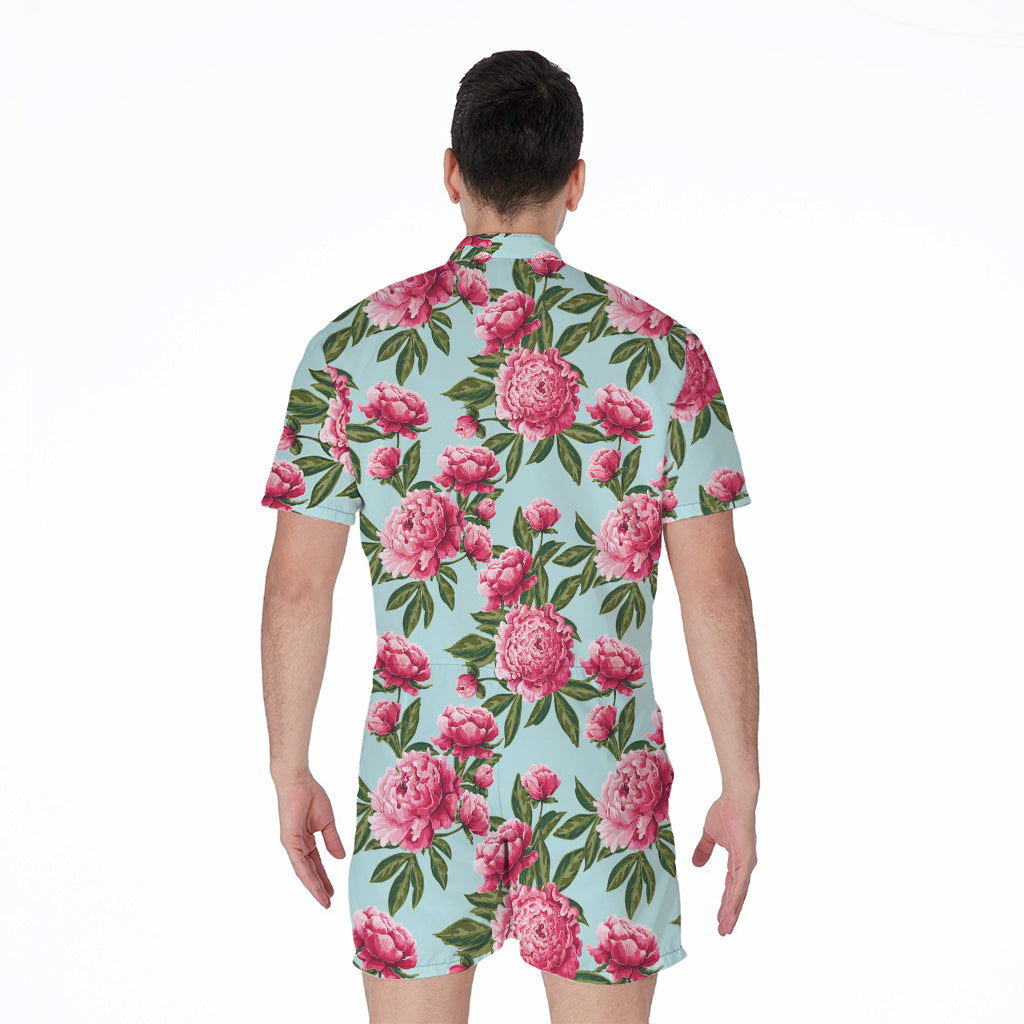 Pink Peony Pattern Print Men's Rompers
