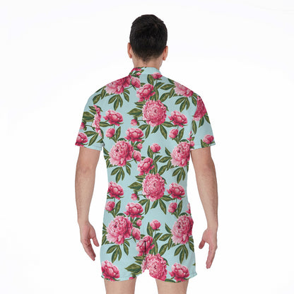 Pink Peony Pattern Print Men's Rompers