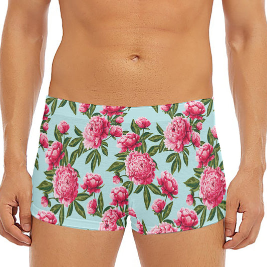 Pink Peony Pattern Print Men's Short Boxer Briefs