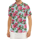 Pink Peony Pattern Print Men's Short Sleeve Rash Guard