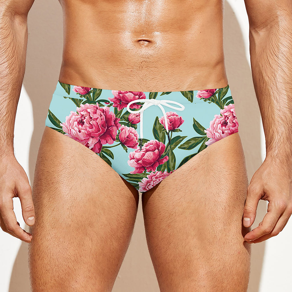 Pink Peony Pattern Print Men's Swim Briefs