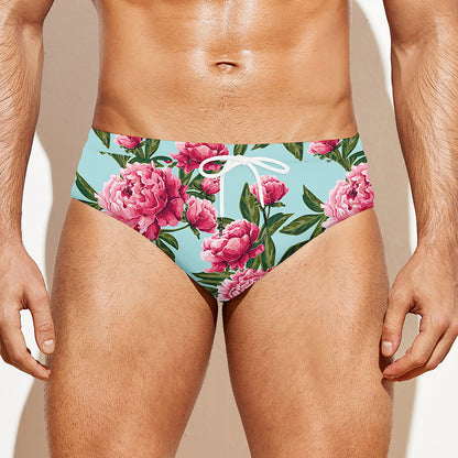 Pink Peony Pattern Print Men's Swim Briefs