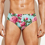 Pink Peony Pattern Print Men's Swim Briefs