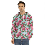 Pink Peony Pattern Print Men's Velvet Pullover Hoodie