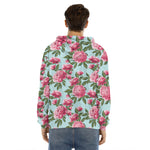 Pink Peony Pattern Print Men's Velvet Pullover Hoodie