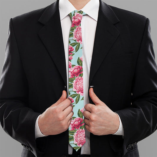 Pink Peony Pattern Print Necktie