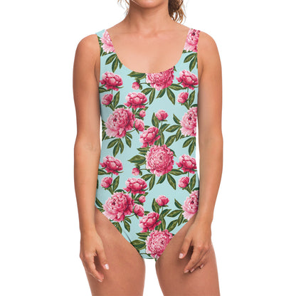 Pink Peony Pattern Print One Piece Swimsuit