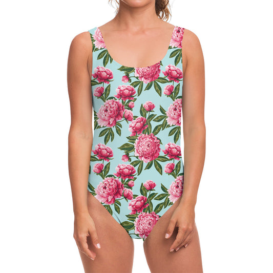Pink Peony Pattern Print One Piece Swimsuit