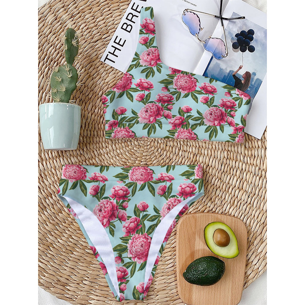 Pink Peony Pattern Print One Shoulder Bikini Top