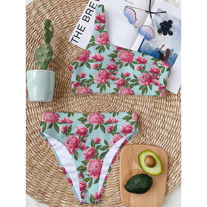 Pink Peony Pattern Print One Shoulder Bikini Top
