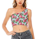 Pink Peony Pattern Print One Shoulder Crop Top