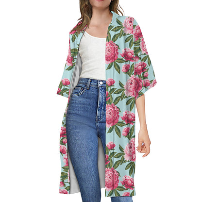 Pink Peony Pattern Print Open Front Beach Cover Up