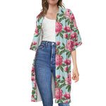 Pink Peony Pattern Print Open Front Beach Cover Up