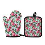 Pink Peony Pattern Print Oven Mitt And Pot Holder Set