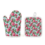 Pink Peony Pattern Print Oven Mitt And Pot Holder Set