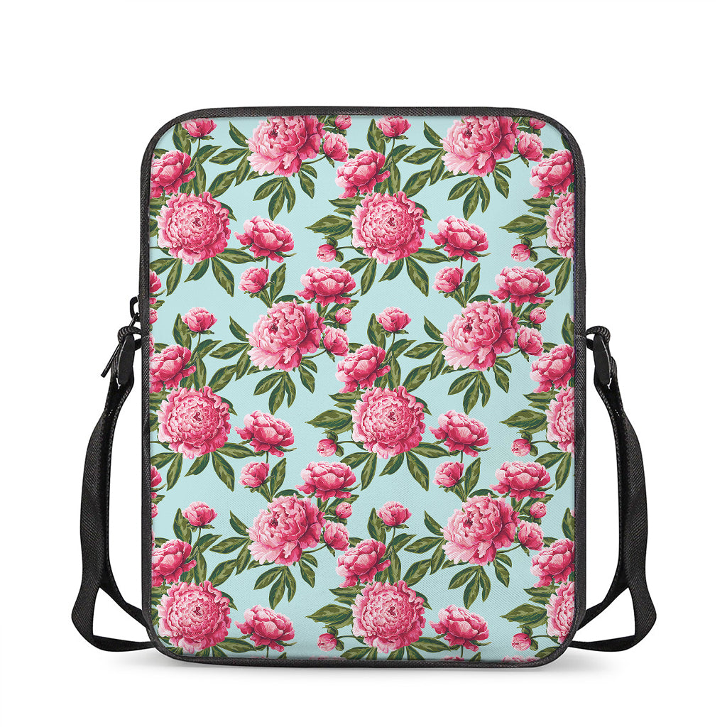 Pink Peony Pattern Print Rectangular Crossbody Bag