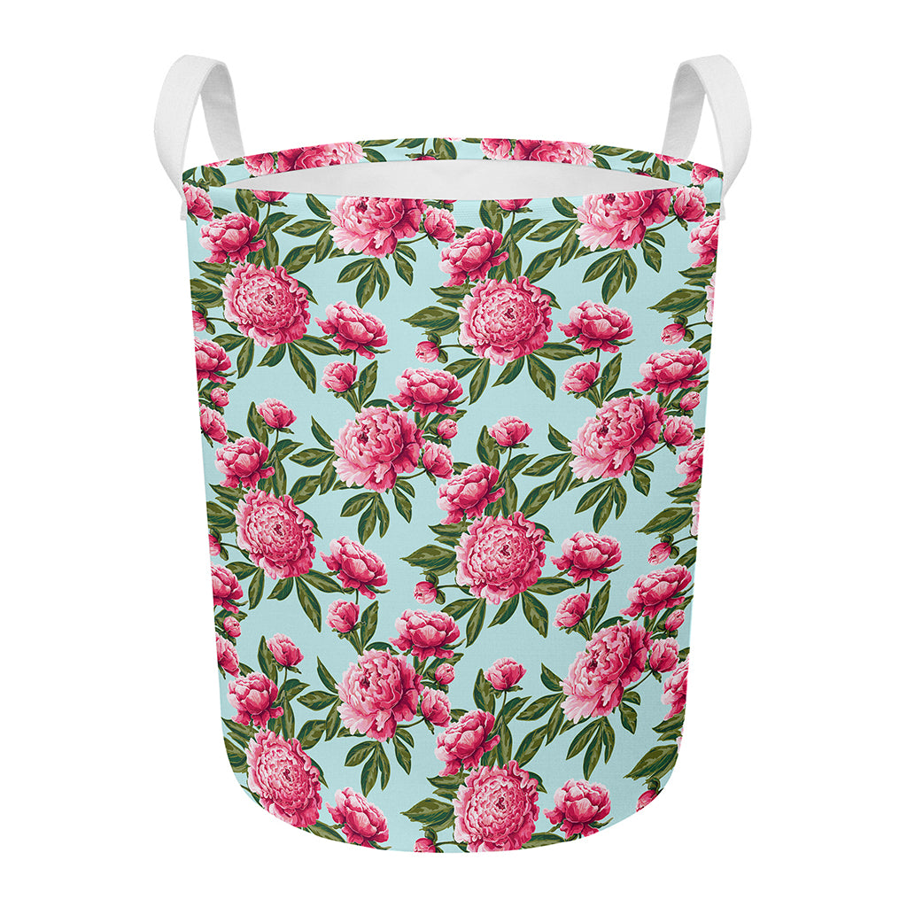 Pink Peony Pattern Print Round Laundry Basket
