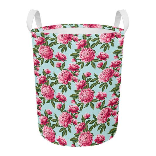 Pink Peony Pattern Print Round Laundry Basket