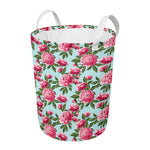 Pink Peony Pattern Print Round Laundry Basket