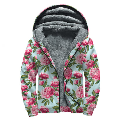 Pink Peony Pattern Print Sherpa Lined Zip Up Hoodie