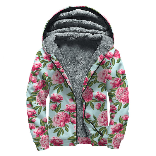 Pink Peony Pattern Print Sherpa Lined Zip Up Hoodie