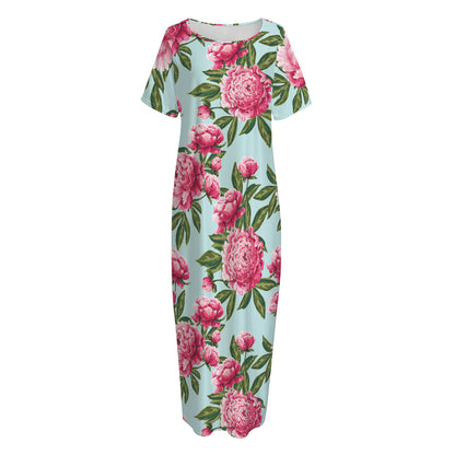 Pink Peony Pattern Print Short Sleeve Long Nightdress