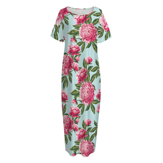 Pink Peony Pattern Print Short Sleeve Long Nightdress