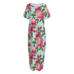 Pink Peony Pattern Print Short Sleeve Long Nightdress