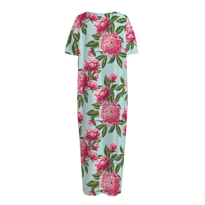 Pink Peony Pattern Print Short Sleeve Long Nightdress