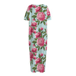 Pink Peony Pattern Print Short Sleeve Long Nightdress