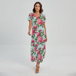 Pink Peony Pattern Print Short Sleeve Maxi Dress