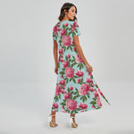 Pink Peony Pattern Print Short Sleeve Maxi Dress