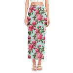 Pink Peony Pattern Print Side Slit Maxi Skirt