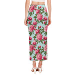 Pink Peony Pattern Print Side Slit Maxi Skirt