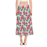 Pink Peony Pattern Print Side Slit Midi Skirt