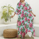 Pink Peony Pattern Print Silk V-Neck Kaftan Dress