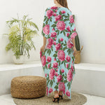 Pink Peony Pattern Print Silk V-Neck Kaftan Dress
