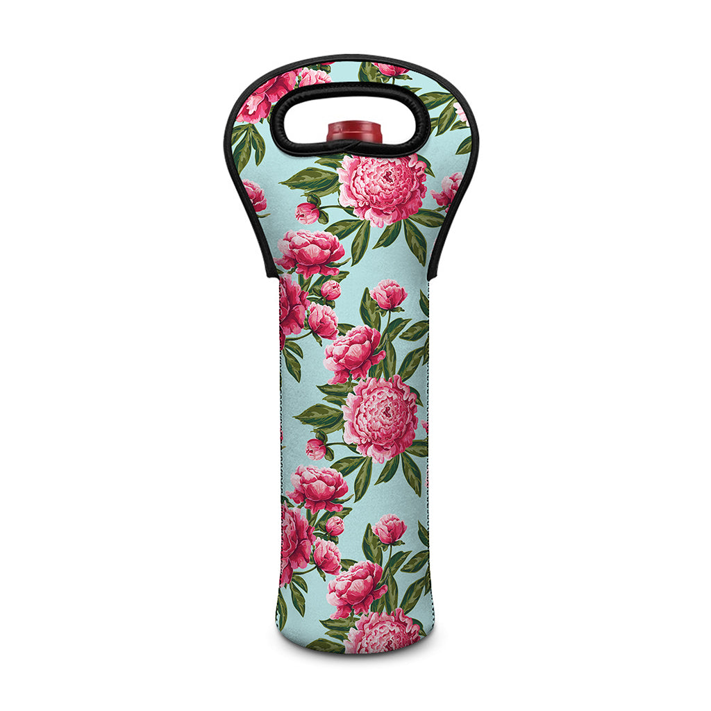 Pink Peony Pattern Print Single Neoprene Wine Tote