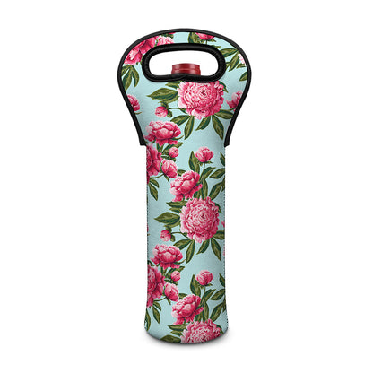Pink Peony Pattern Print Single Neoprene Wine Tote