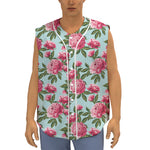 Pink Peony Pattern Print Sleeveless Baseball Jersey