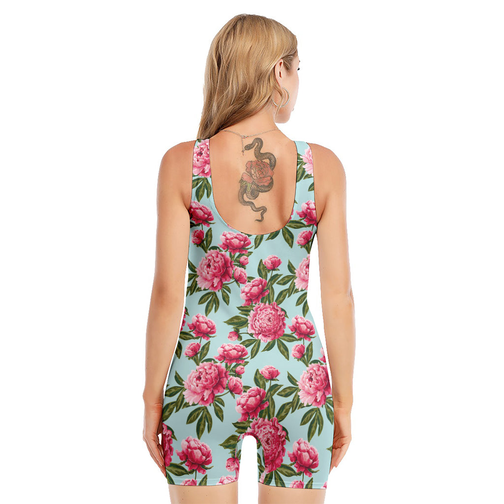 Pink Peony Pattern Print Sleeveless One Piece Swimsuit