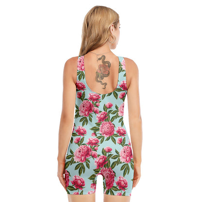 Pink Peony Pattern Print Sleeveless One Piece Swimsuit