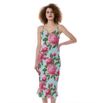 Pink Peony Pattern Print Slim Fit Midi Cami Dress