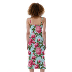 Pink Peony Pattern Print Slim Fit Midi Cami Dress