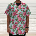 Pink Peony Pattern Print Textured Short Sleeve Shirt