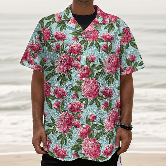 Pink Peony Pattern Print Textured Short Sleeve Shirt