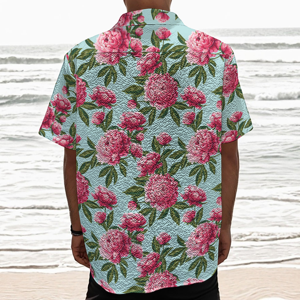 Pink Peony Pattern Print Textured Short Sleeve Shirt